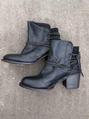 Freebird by Steven Black Leather Lace-Wrap Block Heel Ankle Booties